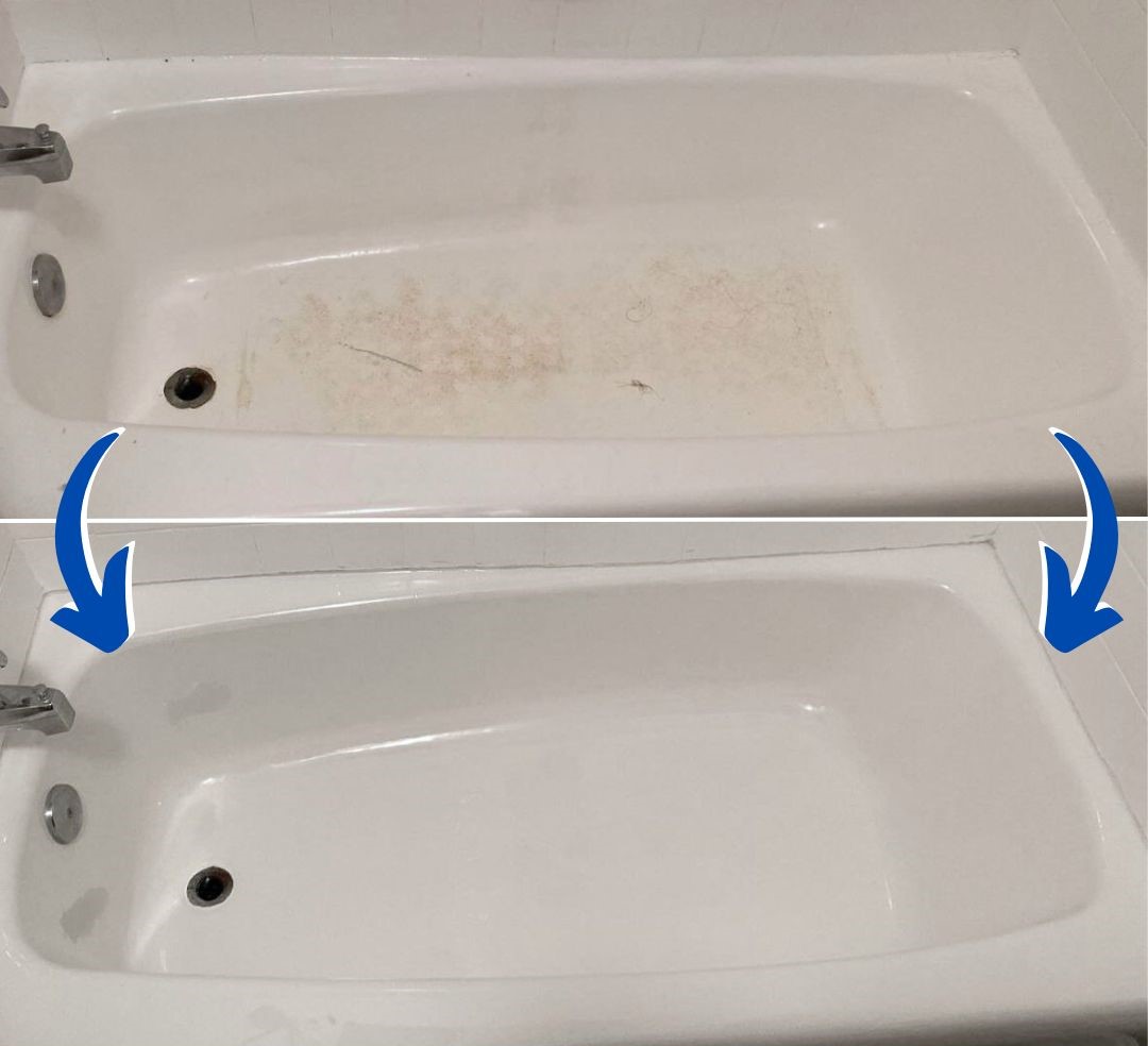 Photos of the old bathtub before and after the renovation. Its surface was yellowed and cracked, but it became like new - an even white sheen.