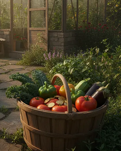 Бюджет на теплицу Корзина с овощами и деньгами