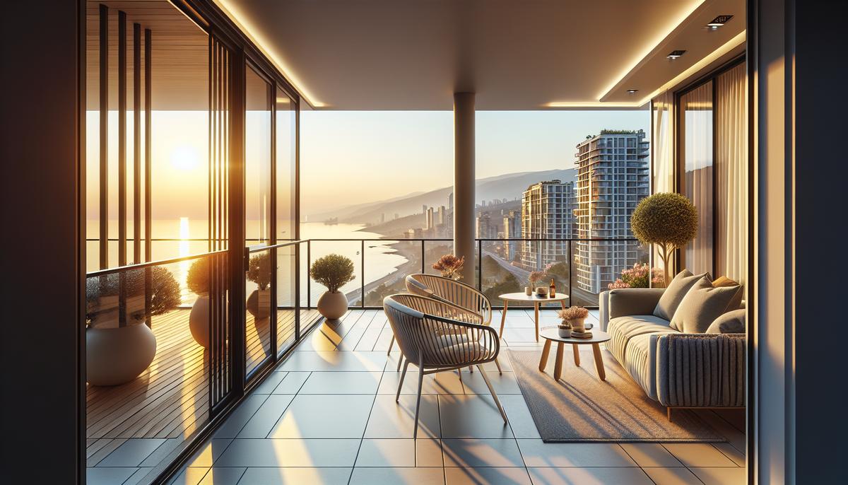 Балкон апартамента в Батуми с панорамным видом на море и город на закате