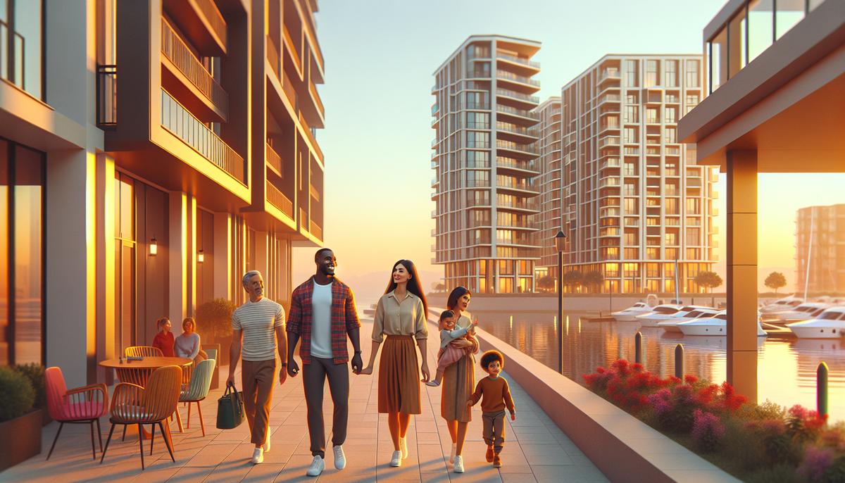 Семья гуляет у современного жилого комплекса на набережной Батуми