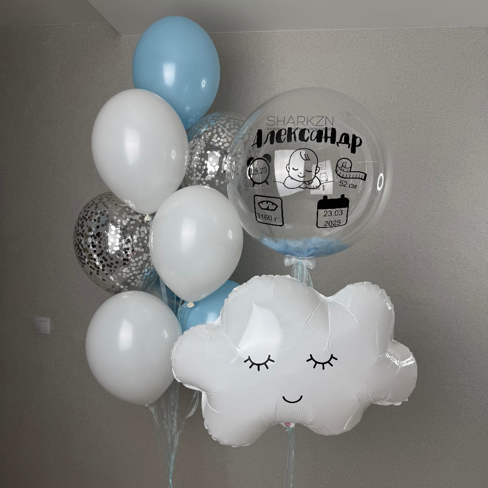 Оформление для мальчика с Прозрачным шаром и метрикой