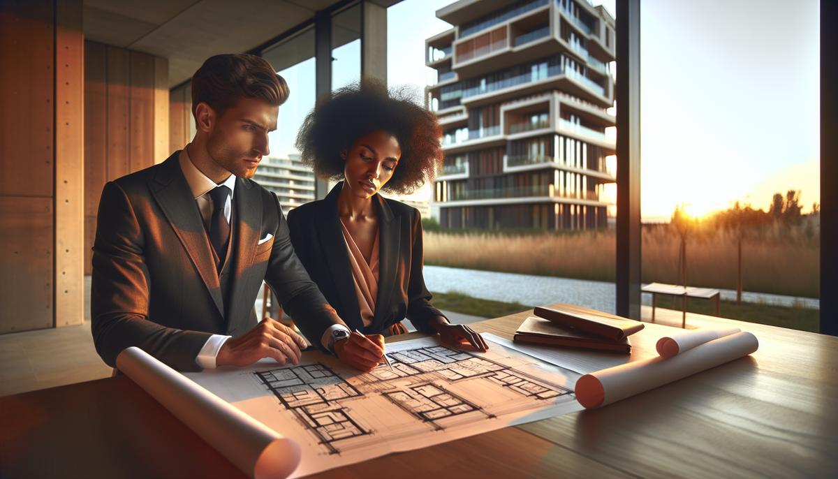 Риски инвестиций в недвижимость в Грузии Инвестор обсуждает риски с агентом у плана жилого комплекса в Батуми