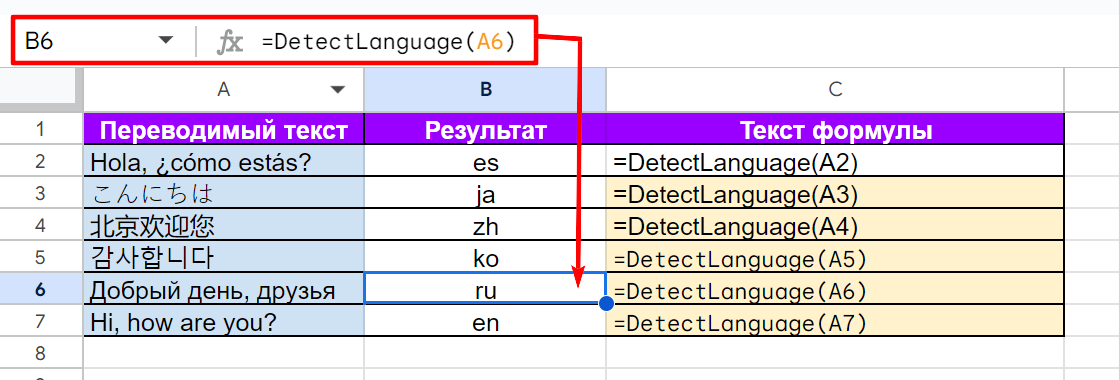 Использование функции DETECTLANGUAGE в Google Таблицах для определения языка