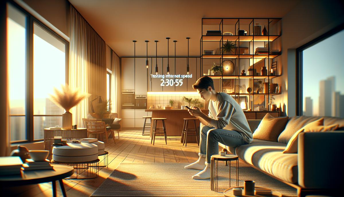 Человек проверяет скорость интернета на смартфоне в интерьере квартиры в Грузии