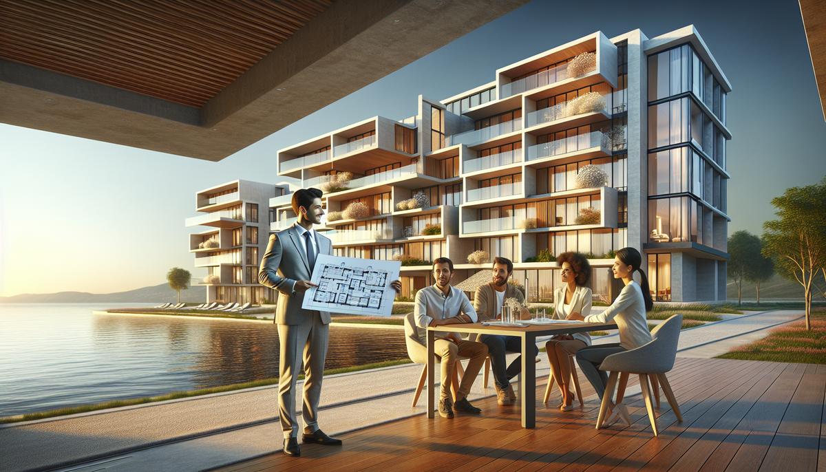 Современная новостройка в Батуми и агент показывает план квартиры