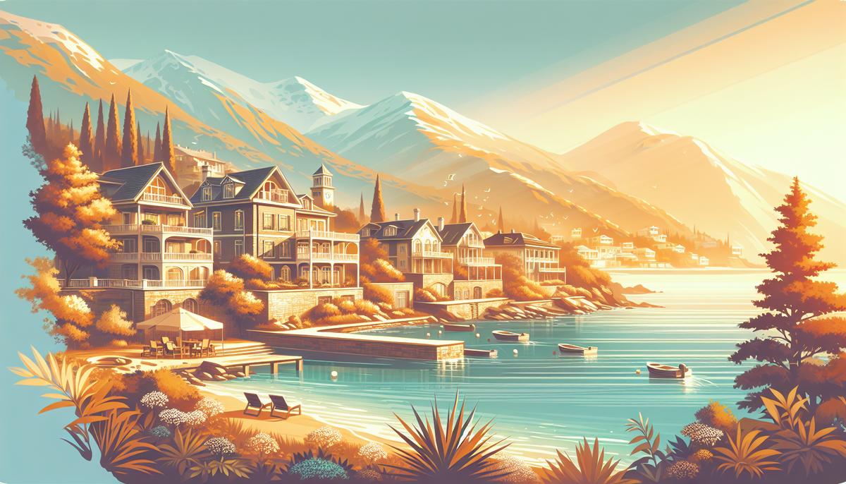 Панорама прибрежного и горного курорта Грузии с жильём на фоне моря и гор