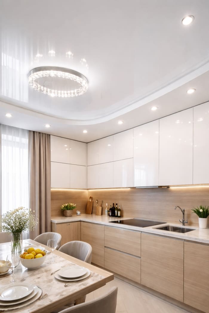 Глянцевые натяжные потолки для кухни