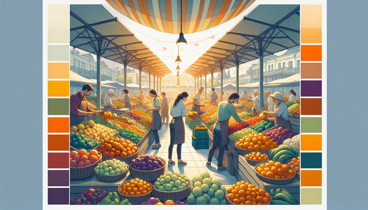 Рынок в Батуми с яркими фруктами и овощами, люди выбирают товары