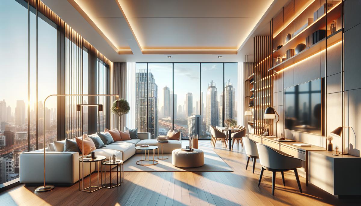 Интерьер гостиничных апартаментов в центре города с видом из окна