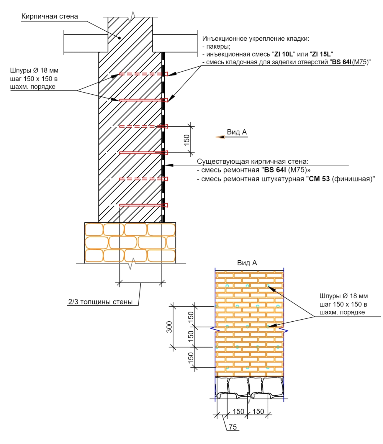Рисунок 1 - Усиление кирпичных стен с пустотами методом инъектирования