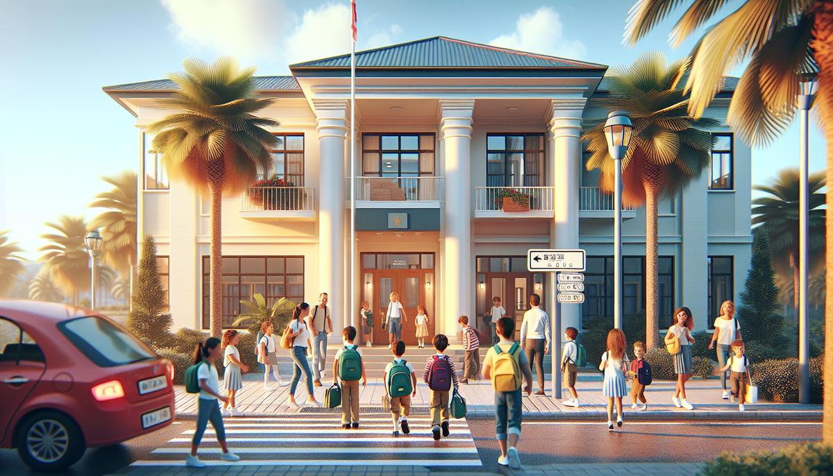 Как работает система образования в Батуми Школьники у современной школы в Батуми, учителя и дети на площадке