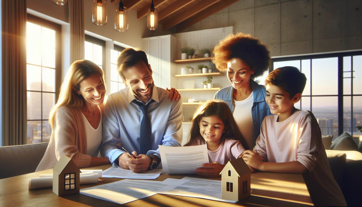 Семья рассматривает договор купли-продажи у окна новой квартиры в Батуми