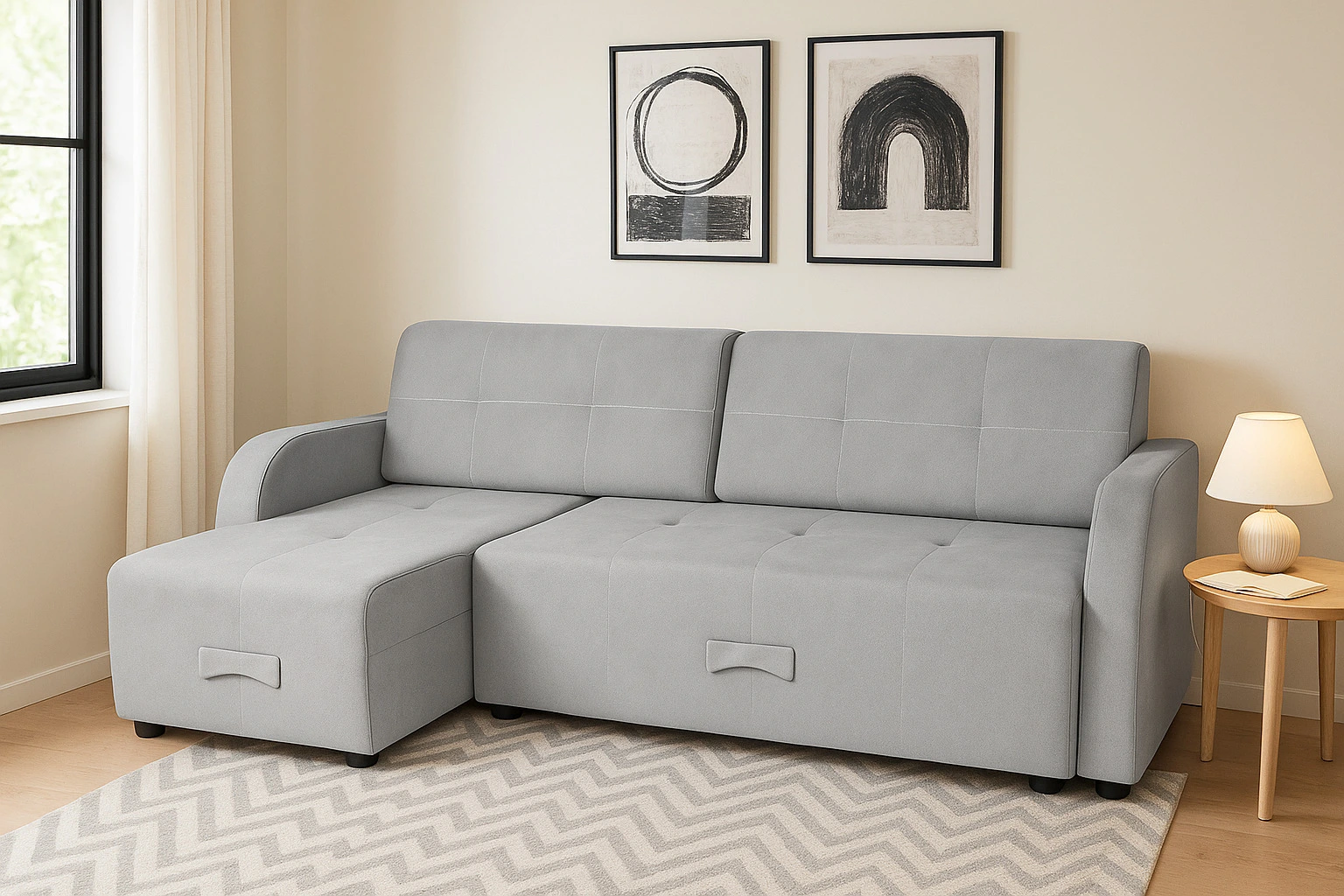 Зонирование гостиной диваном островом