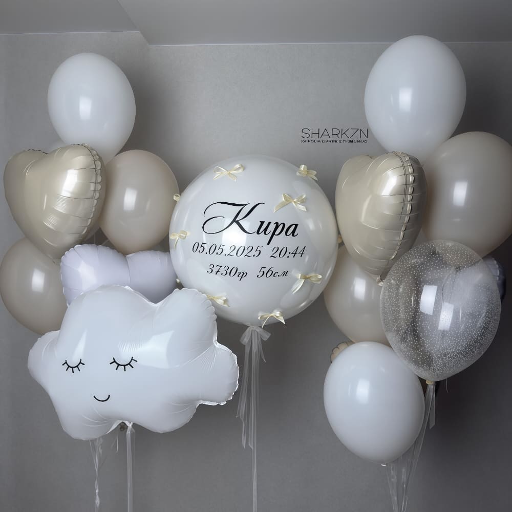 Оформление стеклянный шар с бантиком и Надписью имя, дата, рост, вес