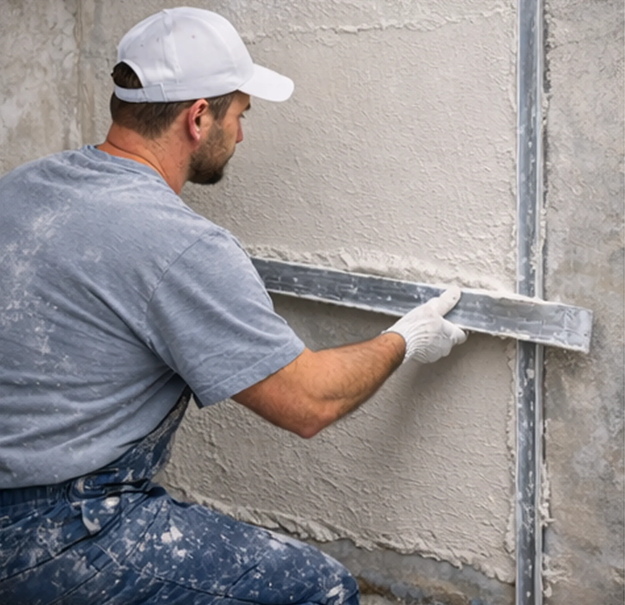 Подрезка штукатурки по маякам для точной геометрии стен