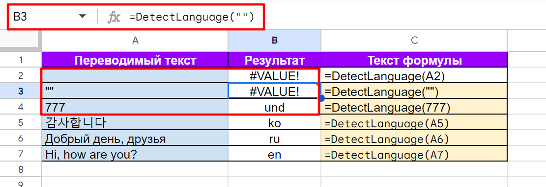 Некорректные случаи использование функции DETECTLANGUAGE в Google Таблицах для определения языка