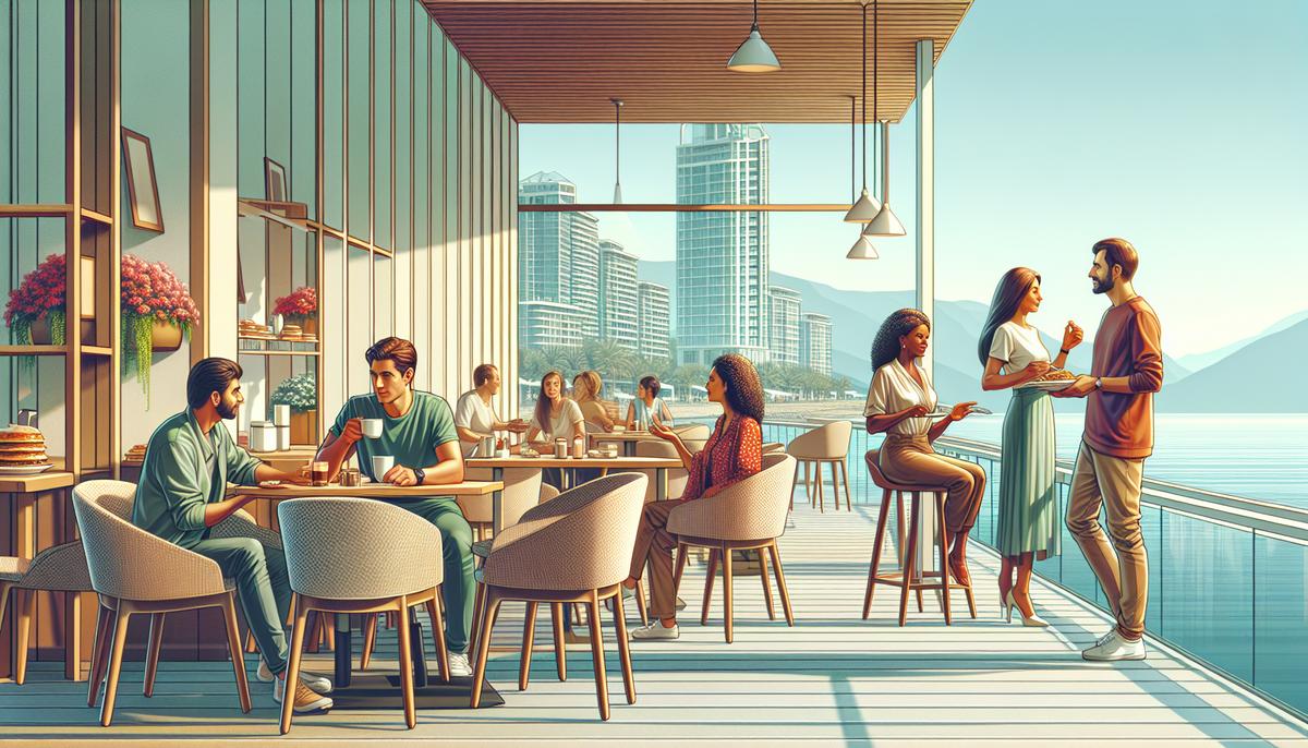 Люди за столиками в уютном кафе Батуми на набережной