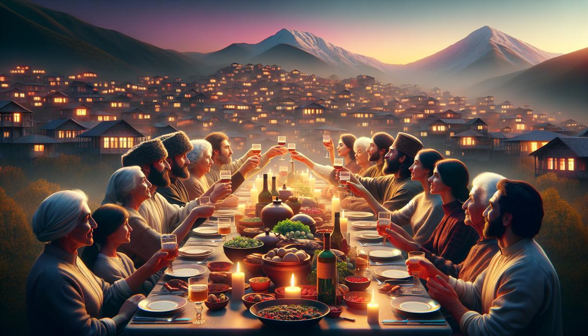 Семейное праздничное застолье в Грузии, супра с тостами