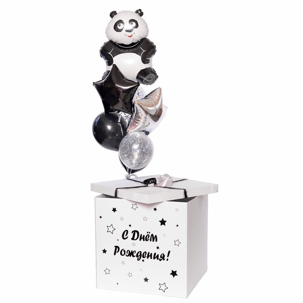 - Декорированная коробка
- 1 Фигура Панда
- 2 Шара с конфетти
- 2 Однотонных шара
- 2 Фольгированных звезды 45см
- Утяжелитель