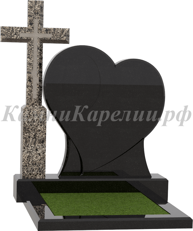 Сердцеобразный памятник с крестом с лева , Покостовский и лезниковский гранит