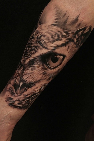 татуировка совы Black & Grey