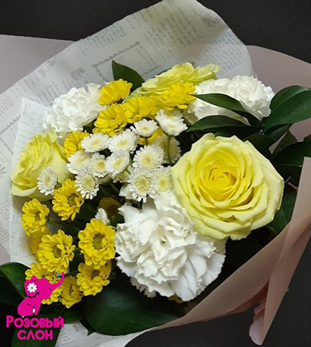 букет цветов - розы, гвоздики, хризантемы, рускус