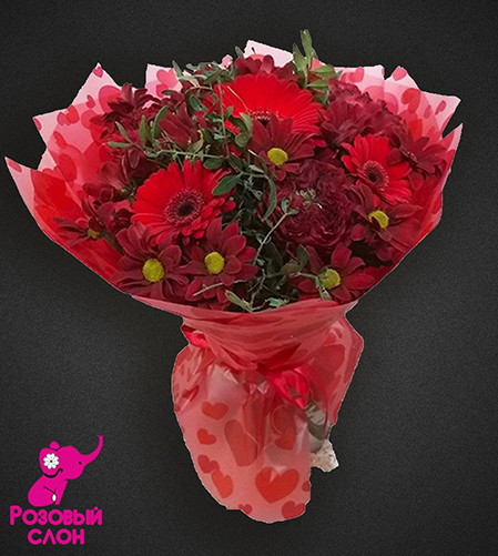 букет цветов - хризантема кустовая, гербера, роза, пистакия
