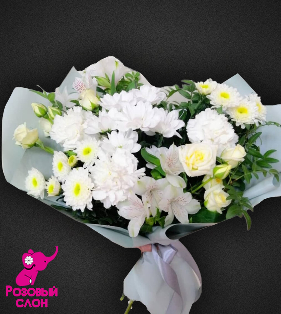 букет цветов - Хризантема кустовая, Альстромерия, Гвоздика микс, Роза кустовая, Пистакия